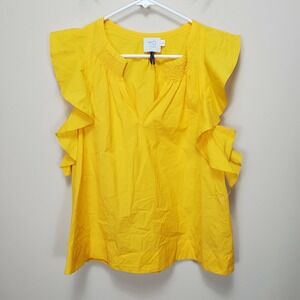 HD in Paris Anthropologie Size 2 Yellow Flutter Ruffle Sleeve Blouse Top V Neck